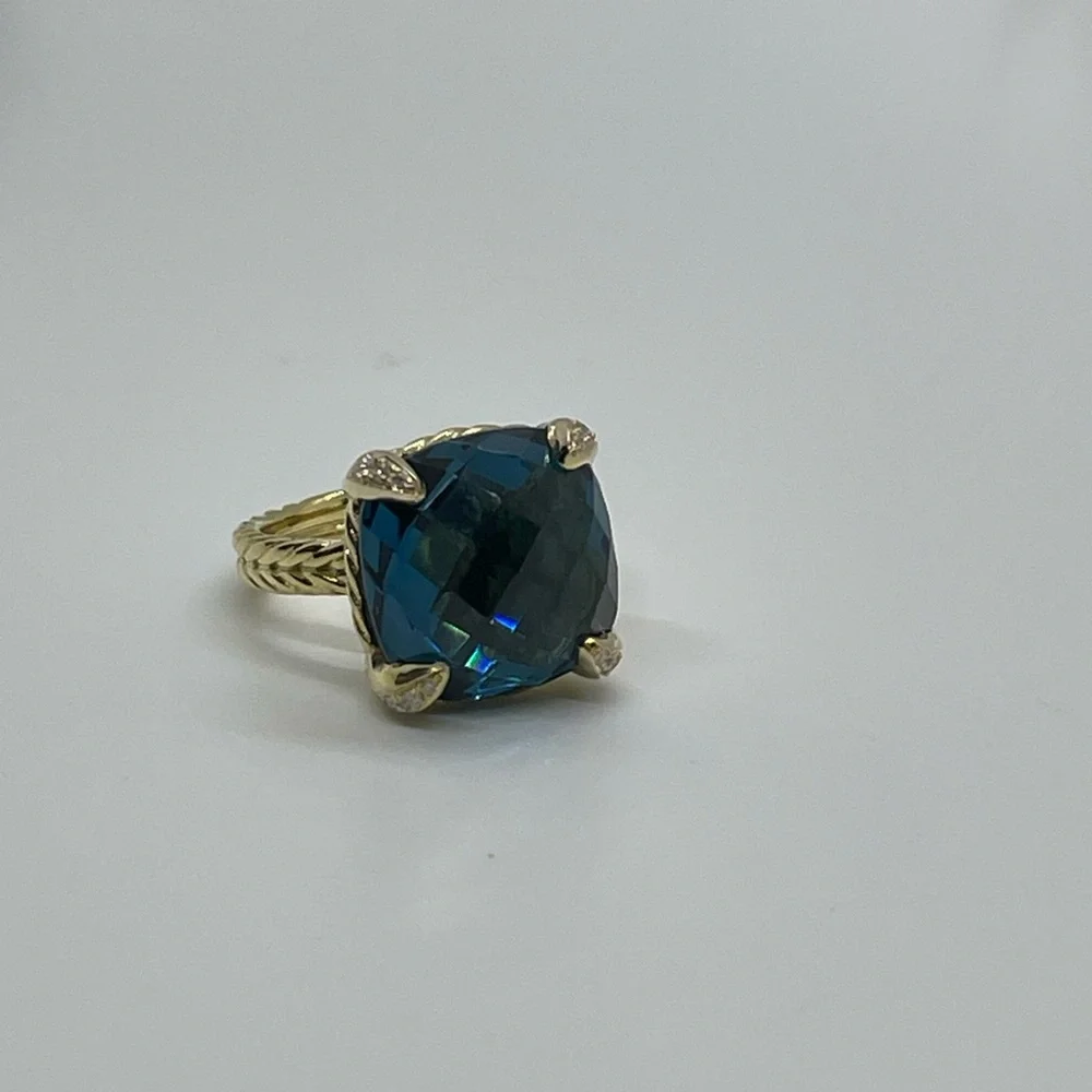 David Yurman Chatelaine Ring 18K Yellow Gold,Hampton Blue Topaz & Diamonds, 14mm - Picture 7 of 16